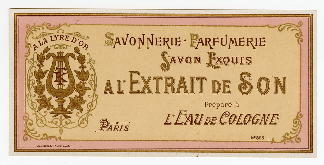 Vintage, Unused, French A L'EXTRAIT DE SON Soap Box Label, Golden Lyre