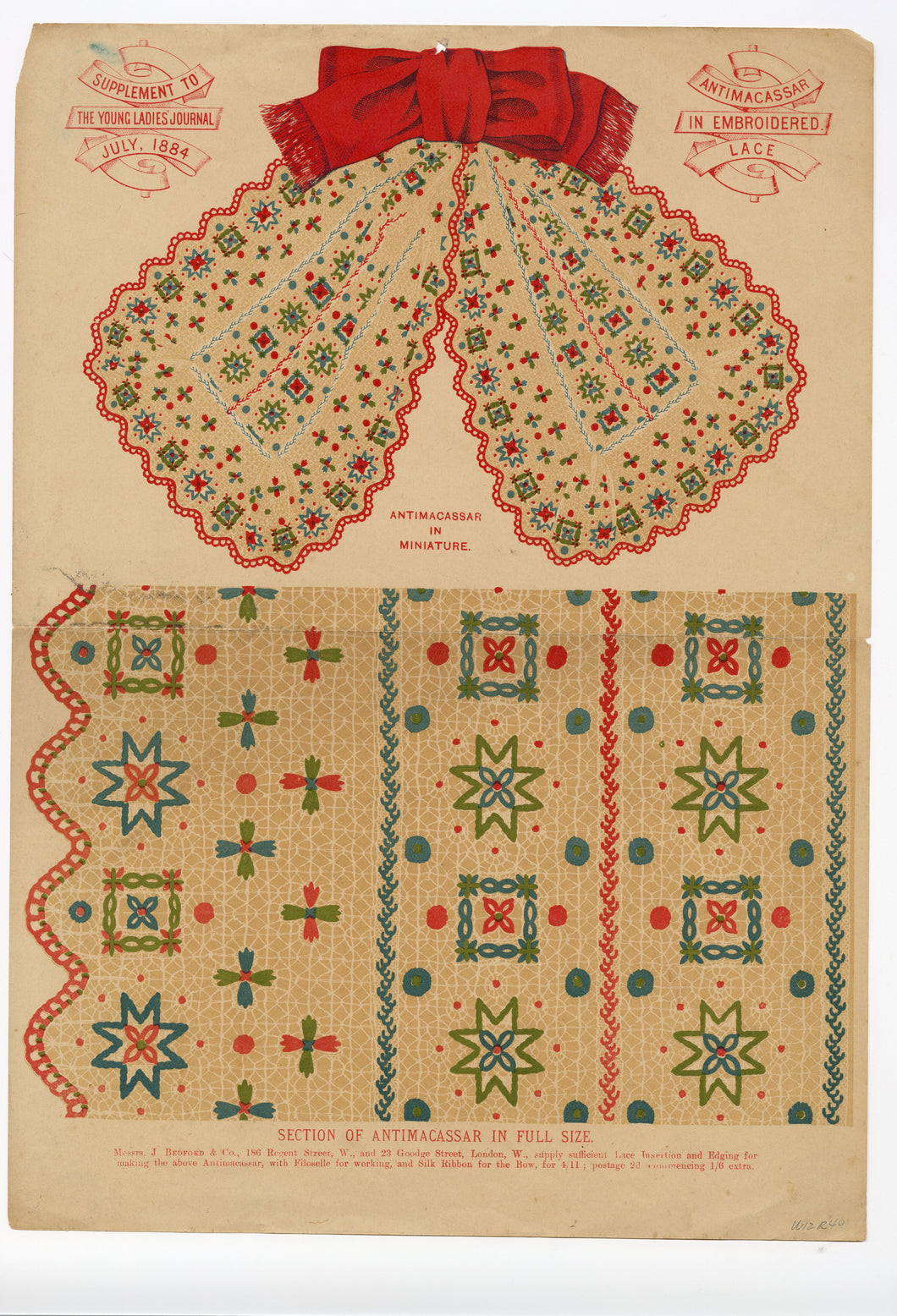1884 Antimacassar Embroidered Lace Work Design Pattern, Supplement to Young Ladies Journal