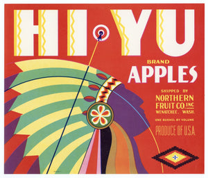 Vintage, Unused HI-YU Brand Apple Fruit Crate Label, American Indian || Wenatchee, Wash.