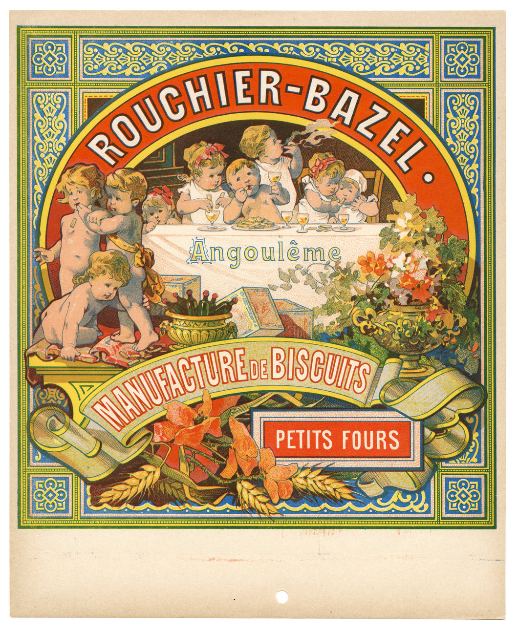Vintage, French, Unused ROUCHIER-BAZEL Biscuit Cookie Label, Children Drinking and Smoking