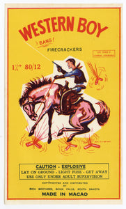 Vintage, Unused, Chinese WESTERN BOY Fireworks Cracker Crate Label, Cowboy, Macau, NOS