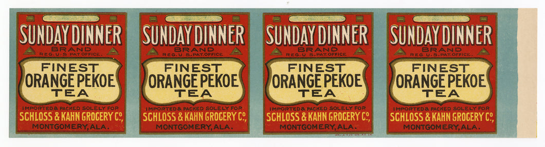 Vintage, Unused SUNDAY DINNER Orange Pekoe Tea Label Wrapper, Montgomery, Ala., SET SET OF TWO