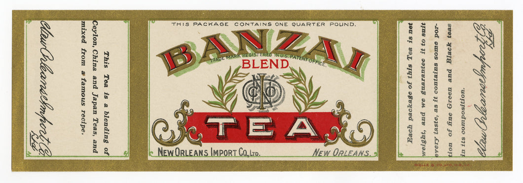 Vintage, Unused BANZAI BLEND TEA Label Wrapper, Asian Import, New Orleans