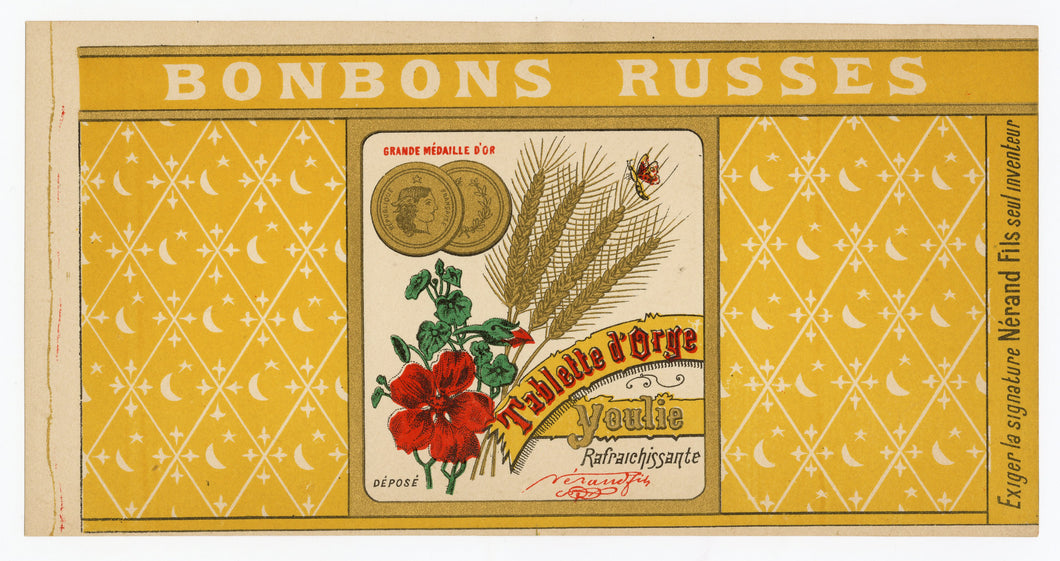 Vintage, Unused, French BONBONS RUSSES Candy Box Label