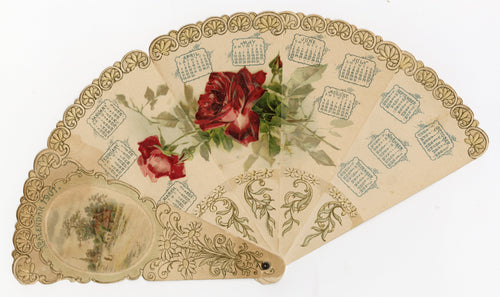 1901 Victorian Die-cut Advertising Fan, Calendar, Embossed Roses