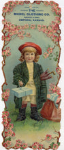Load image into Gallery viewer, Antique Victorian MODEL CLOTHING CO. Large Die-cut Advertising Sign, Emporia, Ka.