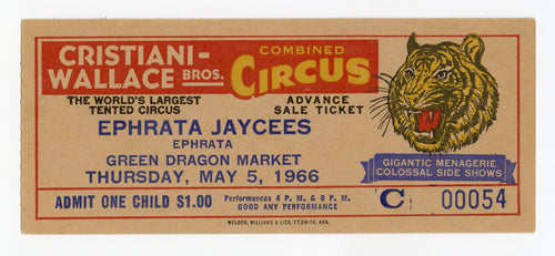 1966 CRISTIANI-WALLACE BROS. CIRCUS TICKET, Menagerie, Side Show, Tiger