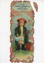 Load image into Gallery viewer, Antique Victorian MODEL CLOTHING CO. Large Die-cut Advertising Sign, Emporia, Ka.