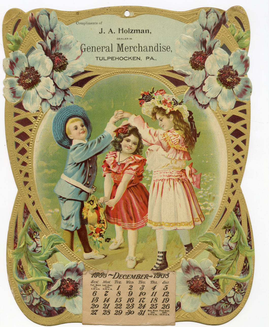 1908 Antique JA Holzman Die-cut Advertising Calendar, Tulpehocken, Pa.