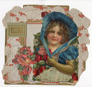 1917 Large Antique Die-cut, Three Dimensional Calendar, Child in Blue Bonnet