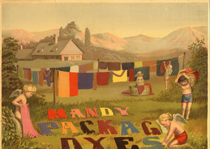 Antique HANDY PACKAGE DYES Advertising Lithograph, Cherubs Doing Laundry