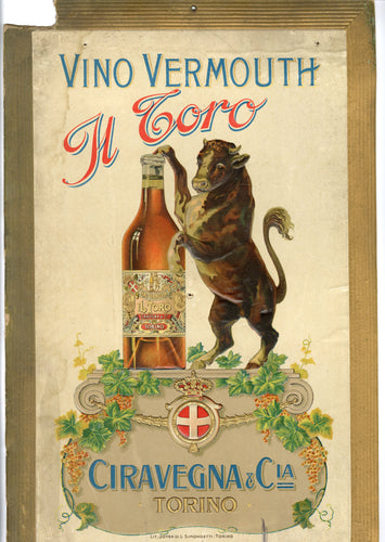 Antique VINO VERMOUTH, Il Toro, Bull Advertising Sign, Ciravegna, Torino