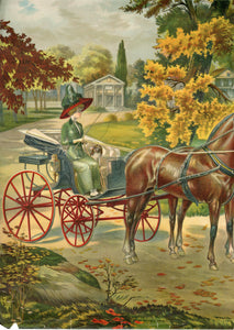Antique 1910's AN AUTUMN DRIVE Lithograph, Print, Gibson Girl, Carriage