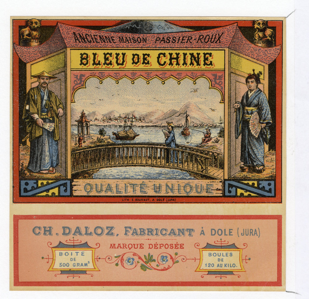 Antique, Unused BLEU DE CHINE Fabric Dye Label, Matted, Chinese, Japanese Graphics