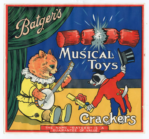 Antique, Unused Batger's MUSICAL TOYS CRACKER LABEL ONLY, Dog, Cat