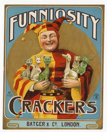 Antique, Unused FUNNIOSITY Batger Fire Cracker Label, Jester, Clown