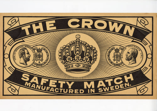  Antique, Unused THE CROWN MATCH BOX LABEL, Large Crate Label