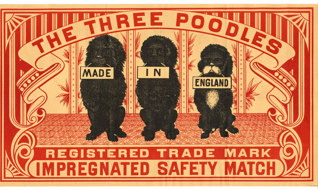Antique, Unused THREE POODLES MATCH BOX LABEL, Large Crate Label, Dogs 