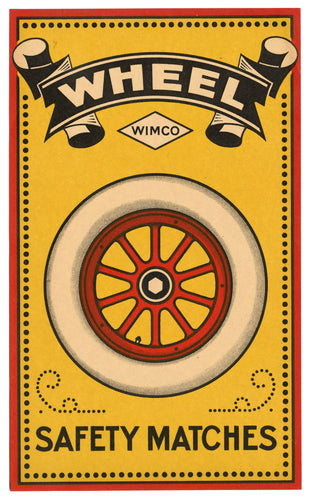 Antique, Unused WHEEL SAFETY MATCH CRATE LABEL, Wimco, Yellow