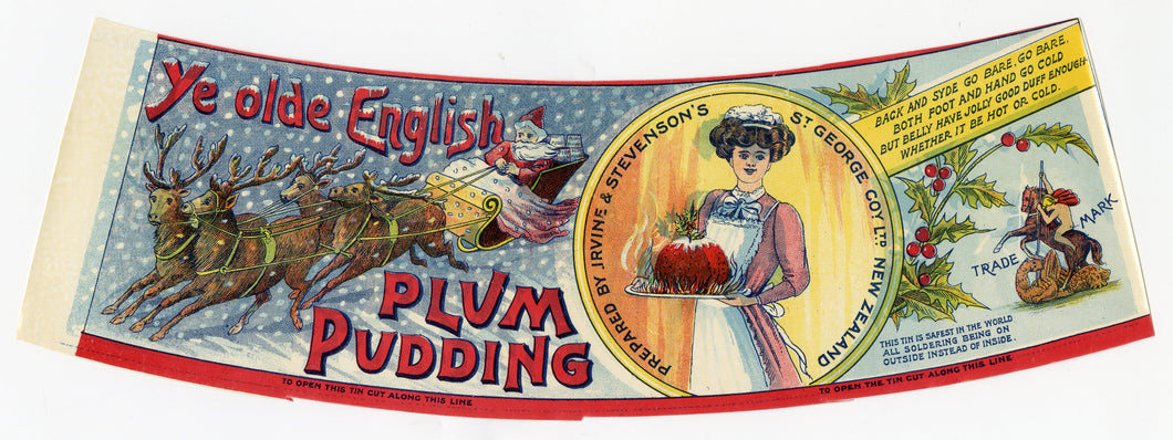Antique, Unused Olde English PLUM PUDDING Can Label, Christmas, Santa Claus