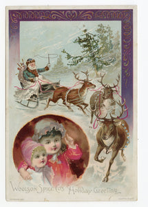 1890 Victorian Woolson Spice Co. HOLIDAY GREETING CARD, Santa and Sleigh