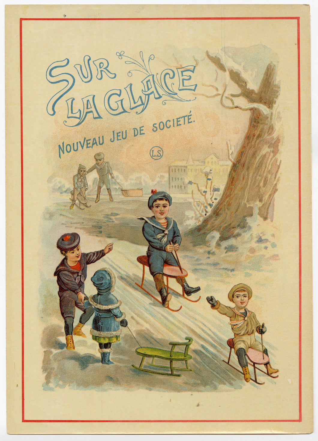 Antique French, Unused SUR LA GLACE Board Game Label, Sledding Scene, Original Print 