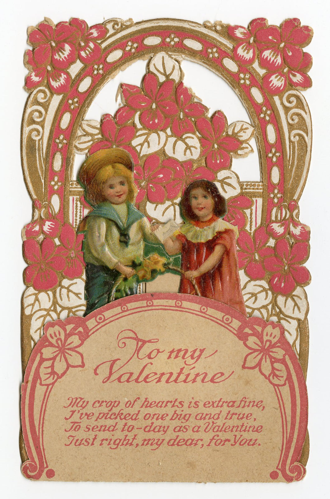 Antique 1920's Pop-Up Small Children VALENTINE'S DAY CARD, Pink Flowers