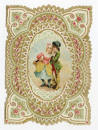 Antique 1900's Die-Cut Layered Paper VALENTINE'S DAY CARD, Colonial Couple, Green Border