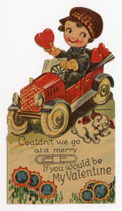 Antique 1920's "A Merry Clip" Die-Cut VALENTINE'S DAY CARD, Girl in Automobile, Duster
