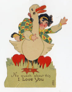 Antique 1920's NO QUACK ABOUT THIS, Pretty Girl and Duck MECHANICAL VALENTINE