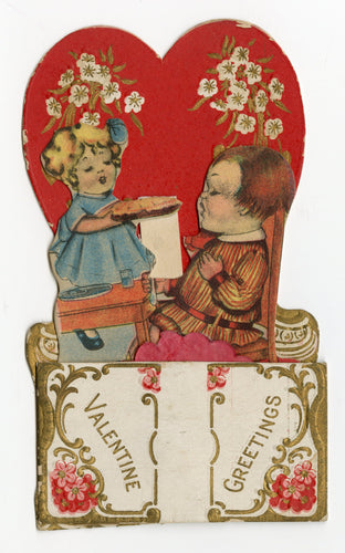 Antique Die-Cut, Pop-Up VALENTINE'S DAY CARD, Children Eating Pie, Doily