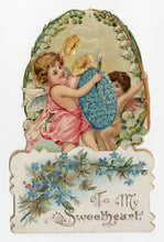 Load image into Gallery viewer, Antique 1900&#39;s Die-Cut VALENTINE&#39;S DAY CARD, Cherubs, Drum, Lily of the Valley