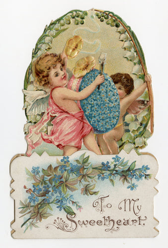 Antique 1900's Die-Cut VALENTINE'S DAY CARD, Cherubs, Drum, Lily of the Valley
