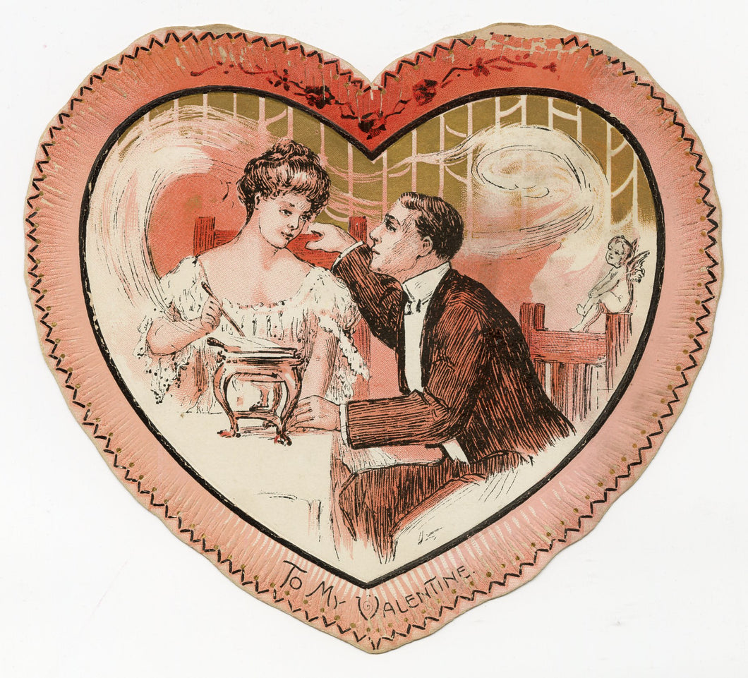Beautiful, Antique Die-cut VALENTINE'S DAY CARD, Edwardian Couple in Heart