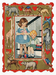 1920's Antique Zoo Animal VALENTINE'S DAY CARD, Zebra, Elephant, Camel, Giraffe