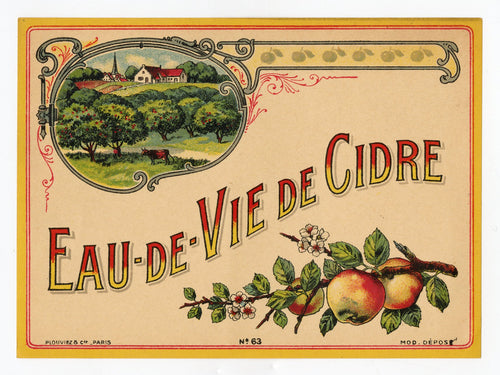 Antique, Unused, French EAU-DE-VIE DE CIDRE LABEL, Hard Cider, Calvados