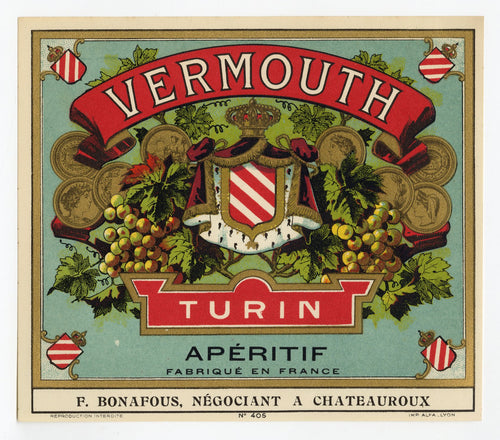 Antique, Unused, French VERMOUTH TURIN LABEL, Aperitif,  Alcohol, Gold Ink