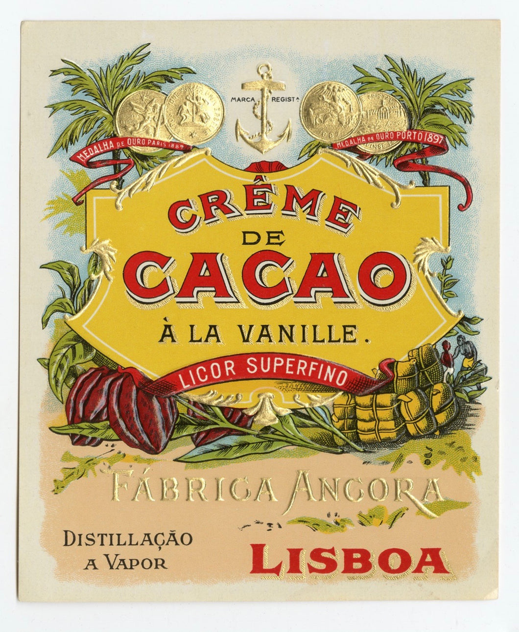 Antique, Unused, Spanish CREME DE CACAO VANILLE LABEL, Gold Embossed