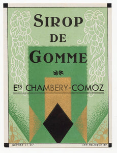 Antique, Unused SIROP DE GOMME LABEL, Gum Syrup, Cocktail, Alcohol, Art Deco