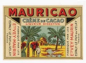 Antique, Unused Mauricao CREME DE CACAO LABEL, Liqueur, Middle Eastern Motif