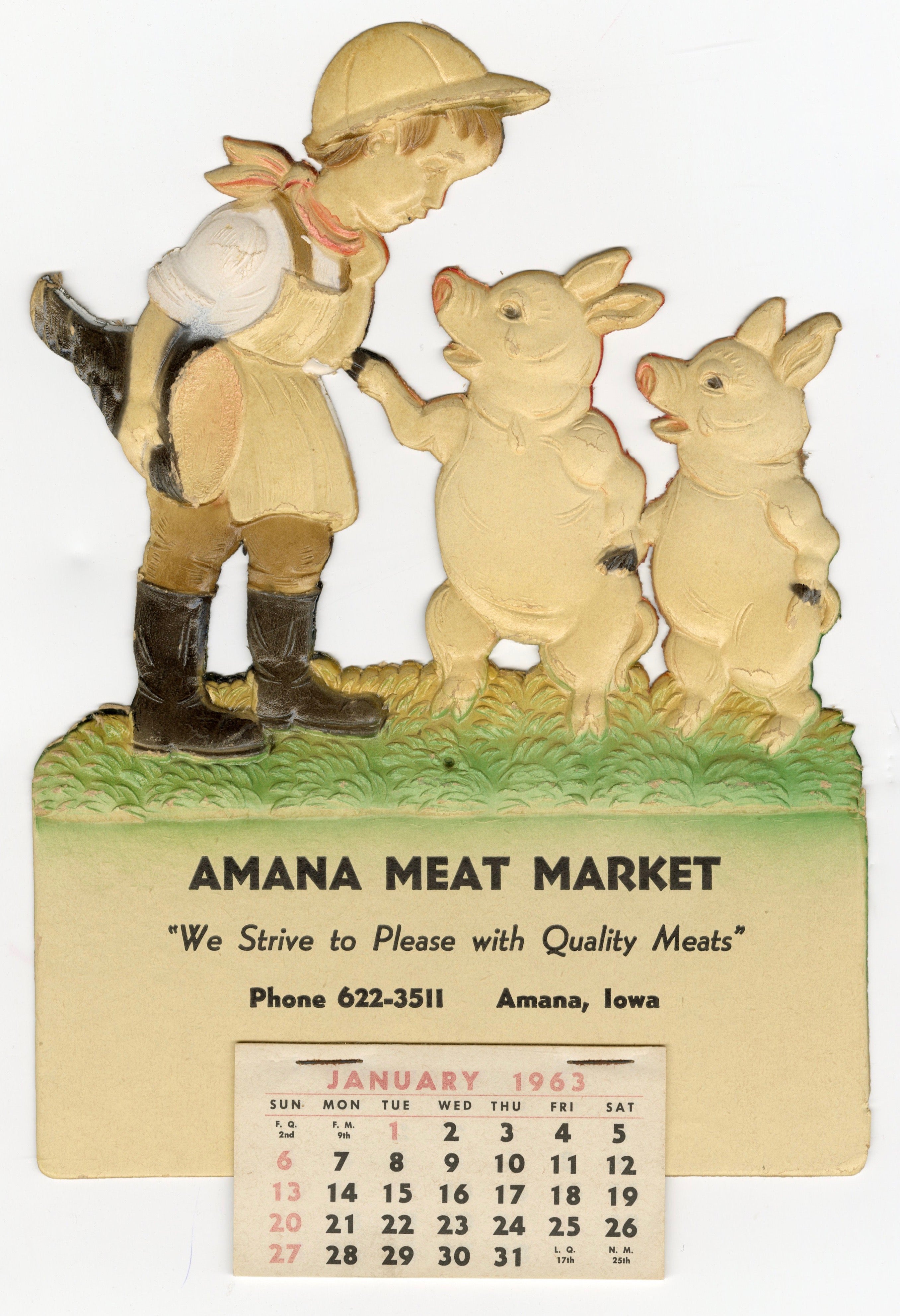 1963 Vintage Embossed AMANA MEAT MARKET Advertising CALENDAR, Pigs