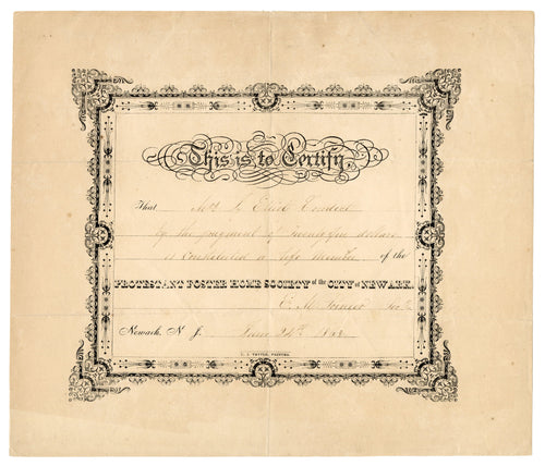 1863 PROTESTANT FOSTER HOME SOCIETY of Newark CERTIFICATE, Ornament
