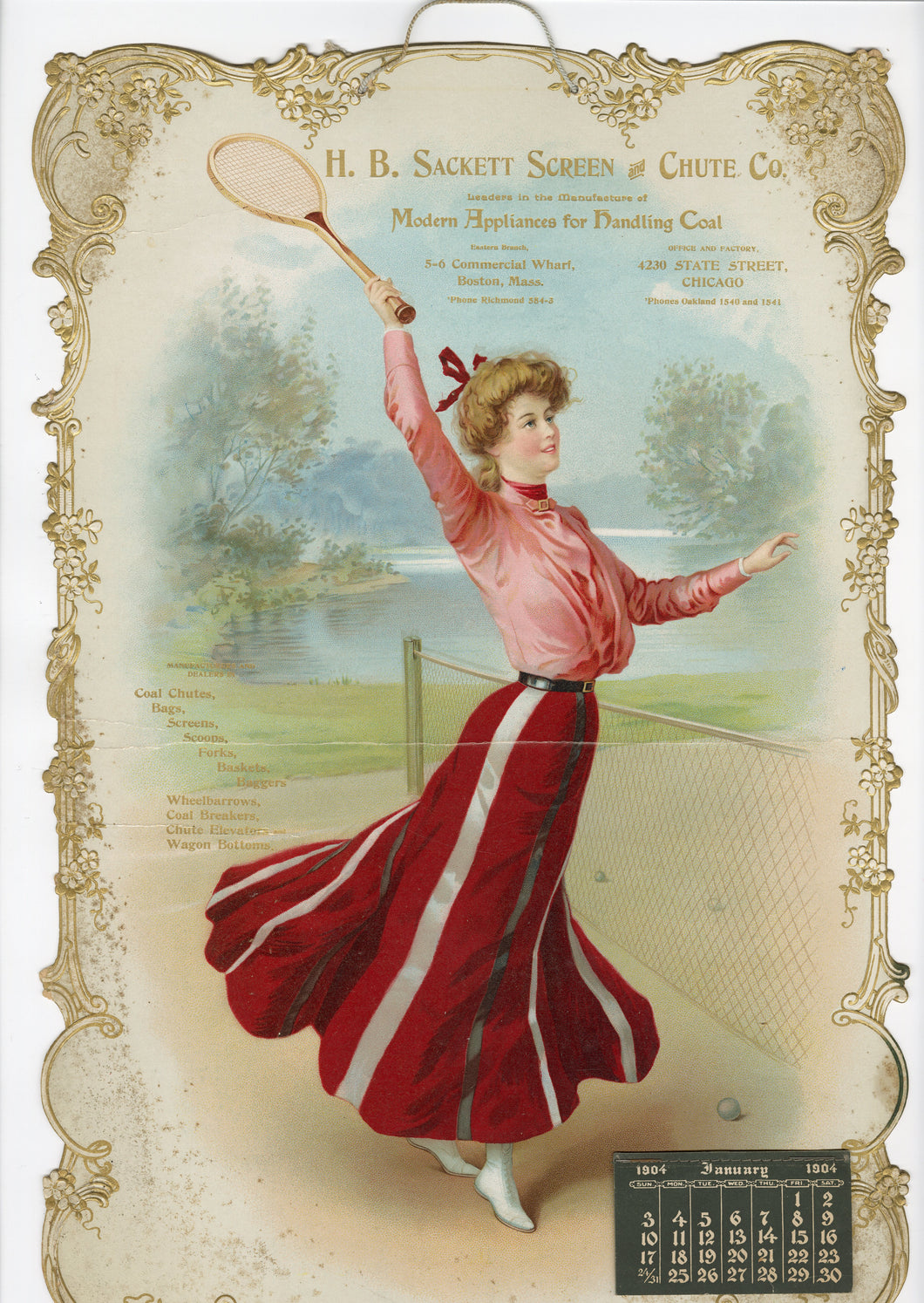 1904 Sackett Screen and Chute Company Die-Cut Advertising Calendar, Female Tennis Player