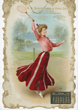 Load image into Gallery viewer, 1904 Sackett Screen and Chute Company Die-Cut Advertising Calendar, Female Tennis Player