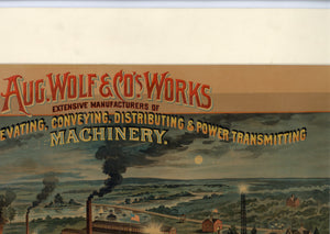 Aug. Wolf & Co. Works, Flouring Mill, Elevating, Conveying, Distributing and Power Transmitting Machinery Advertising Lithograph, Factory\