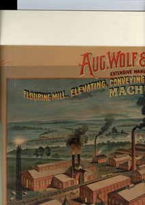 Aug. Wolf & Co. Works, Flouring Mill, Elevating, Conveying, Distributing and Power Transmitting Machinery Advertising Lithograph, Factory