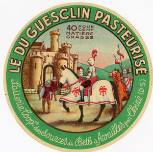 Antique, Unused, French Le Du Guesclin Pasteurise Cheese Label, Knights in Armor