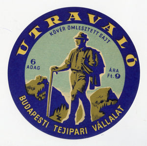 Antique, Unused, Hungarian Utravalo Cheese Label, Hiker, Mountaineer, Budapest