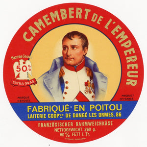 Antique, Unused, French Camembert de L'Empereur Cheese Label, Napoleon, Poitou
