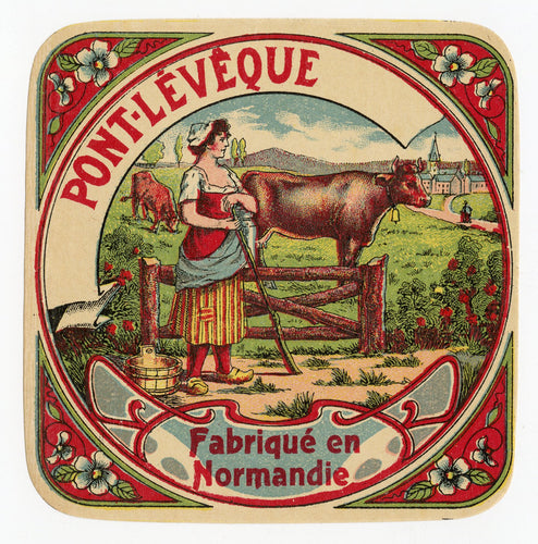 Antique, Unused, French Pont-L'eveque Cheese Label, Normandy, Milk Maid